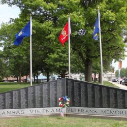 Located in Girard, this memorial includes a granite wall inscribed with the names of all 777 Kansans who lost their lives in Vietnam, a UH-1H Huey Helicopter and flags of the five branches of the military, a POW-MIA flag, Kansas flag and an American Flag.